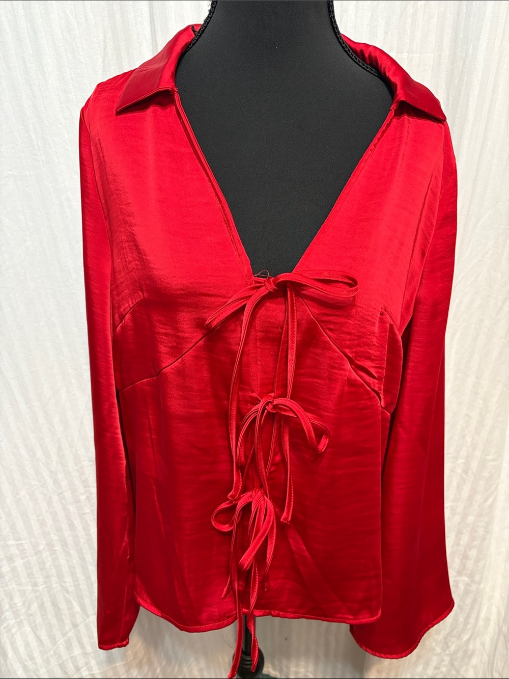 a new day Red Satin Tie-Front Blouse with Black Trim